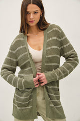 Olive Fine Knit Striped Open Cardigan
