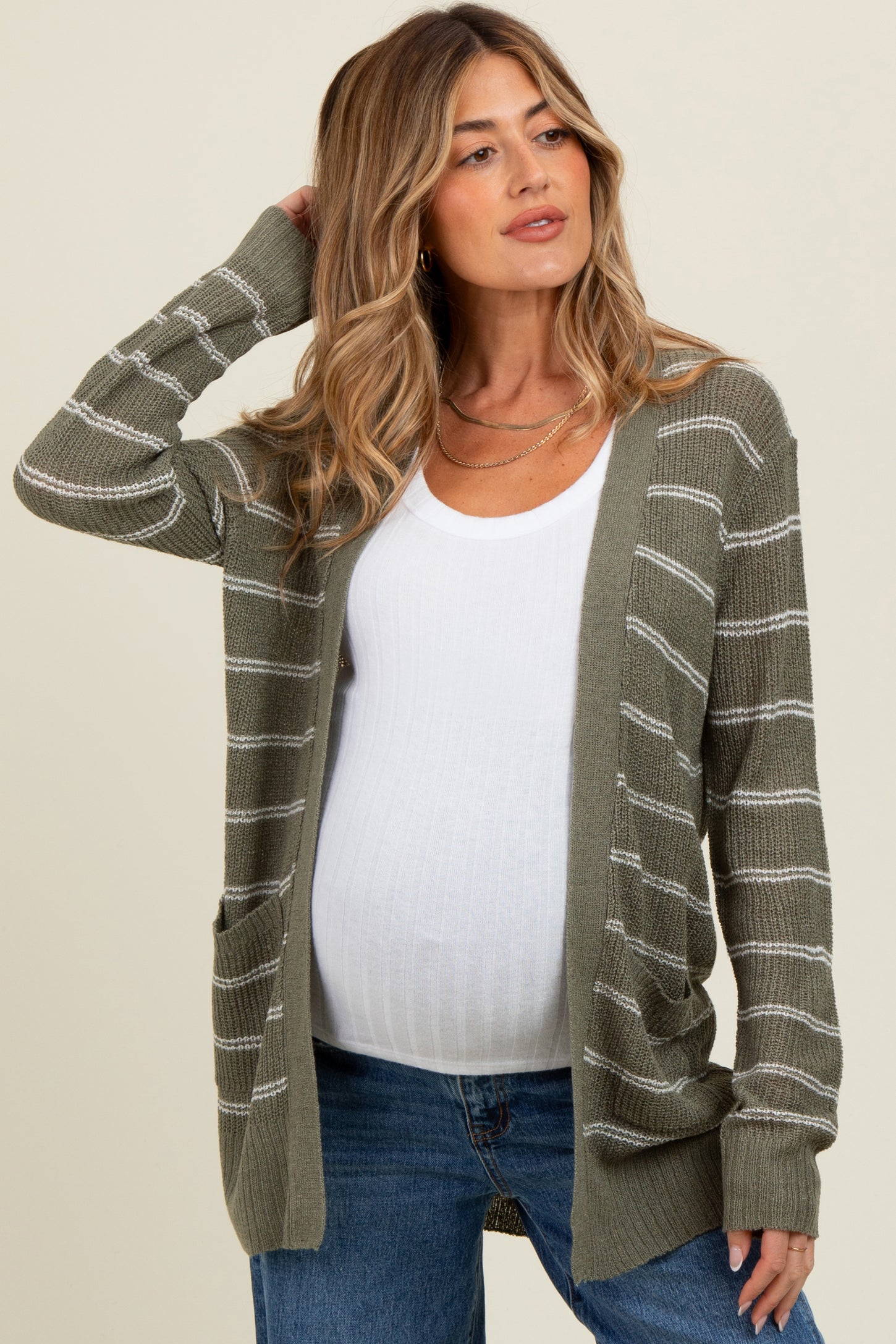 Olive Fine Knit Striped Maternity Open Cardigan