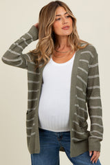Olive Fine Knit Striped Maternity Open Cardigan