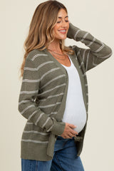 Olive Fine Knit Striped Maternity Open Cardigan