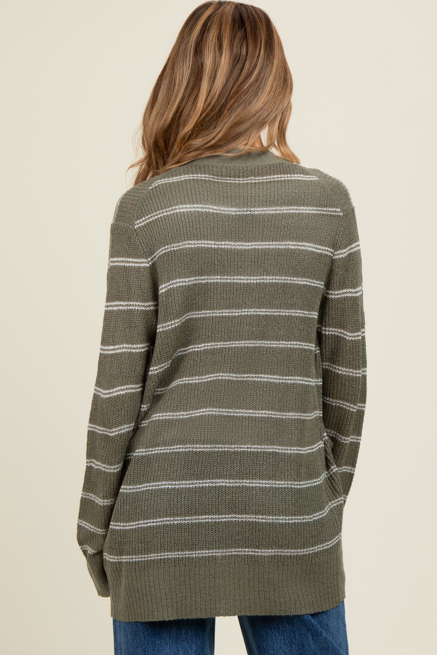 Olive Fine Knit Striped Maternity Open Cardigan