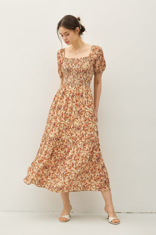 Rust Floral Smocked Tiered Maternity Midi Dress