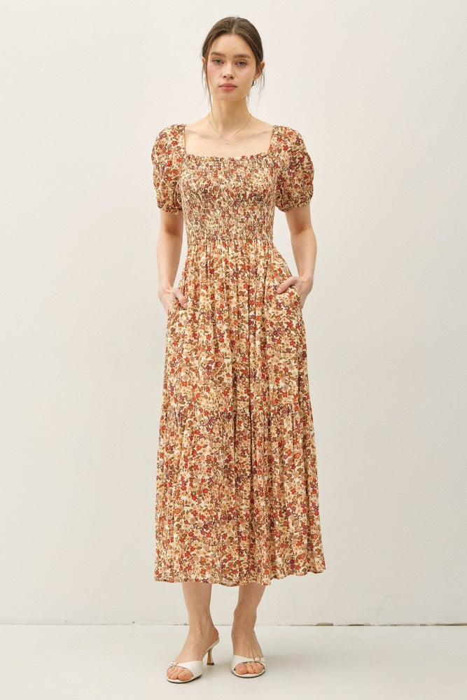 Rust Floral Smocked Tiered Midi Dress