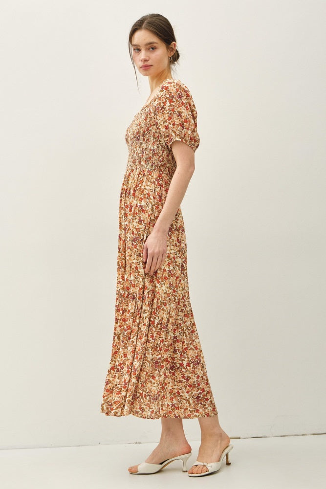 Rust Floral Smocked Tiered Midi Dress
