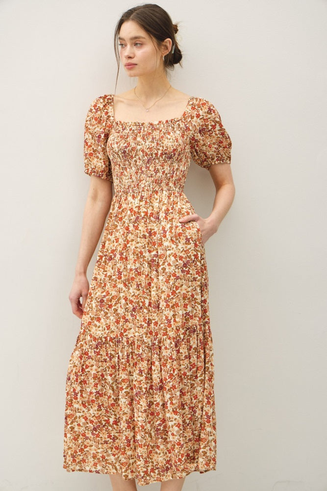 Rust Floral Smocked Tiered Midi Dress