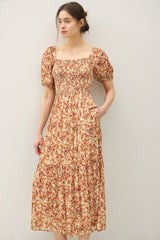 Rust Floral Smocked Tiered Midi Dress