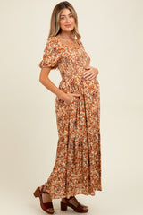 Rust Floral Smocked Tiered Maternity Midi Dress