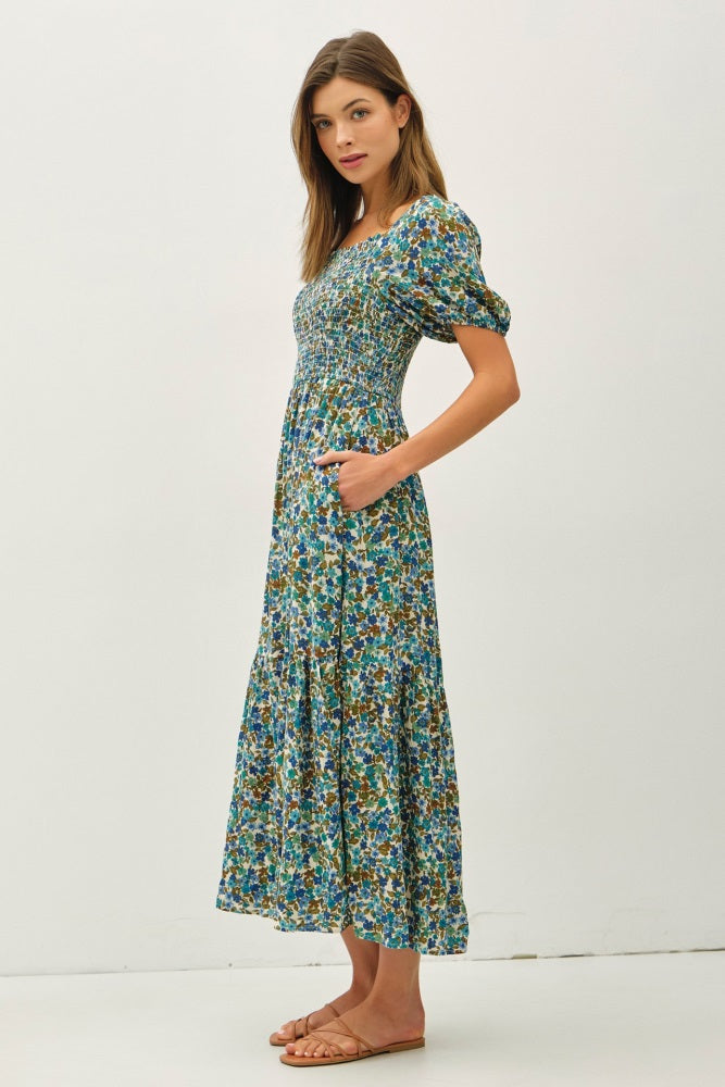 Blue Floral Smocked Tiered Midi Dress