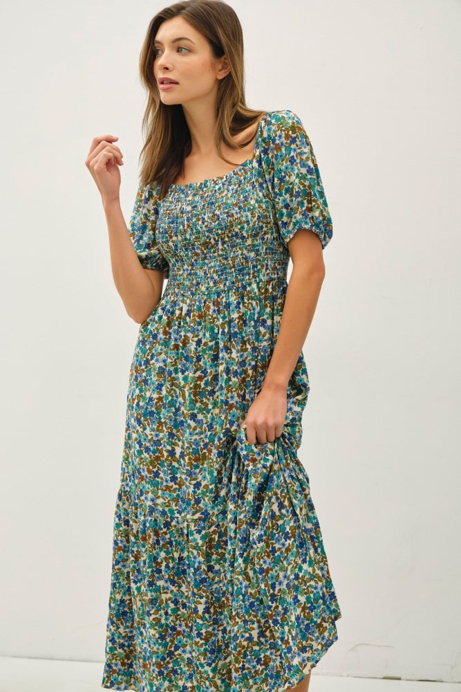 Blue Floral Smocked Tiered Midi Dress