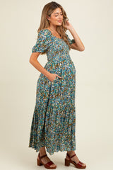 Blue Floral Smocked Tiered Maternity Midi Dress