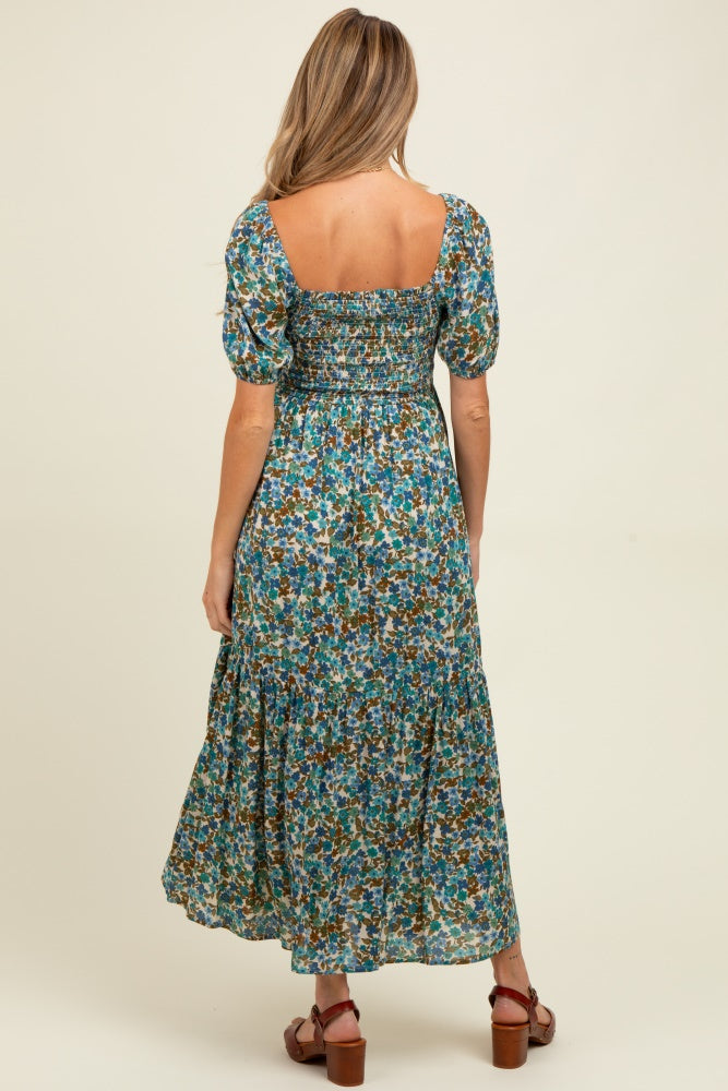 Blue Floral Smocked Tiered Maternity Midi Dress