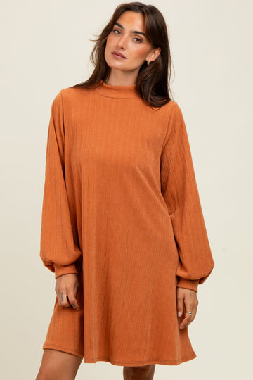 Camel Ribbed Mock Neck Bubble Sleeve Dress