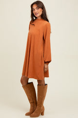 Camel Ribbed Mock Neck Bubble Sleeve Dress