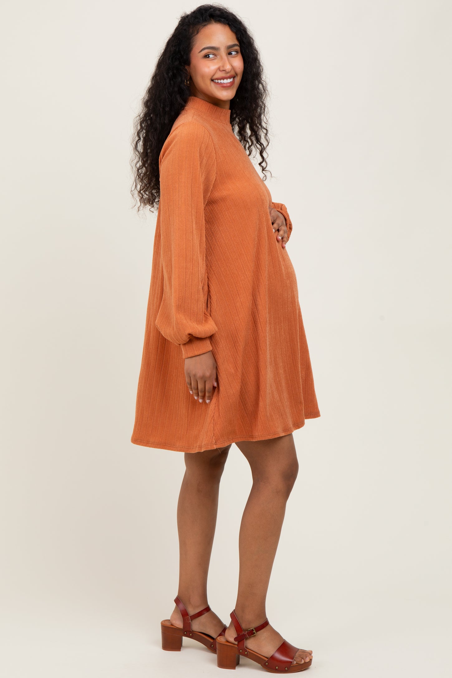 Camel Ribbed Mock Neck Bubble Sleeve Maternity Dress