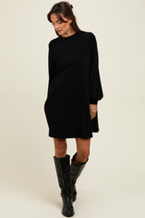 Black Ribbed Mock Neck Bubble Sleeve Dress