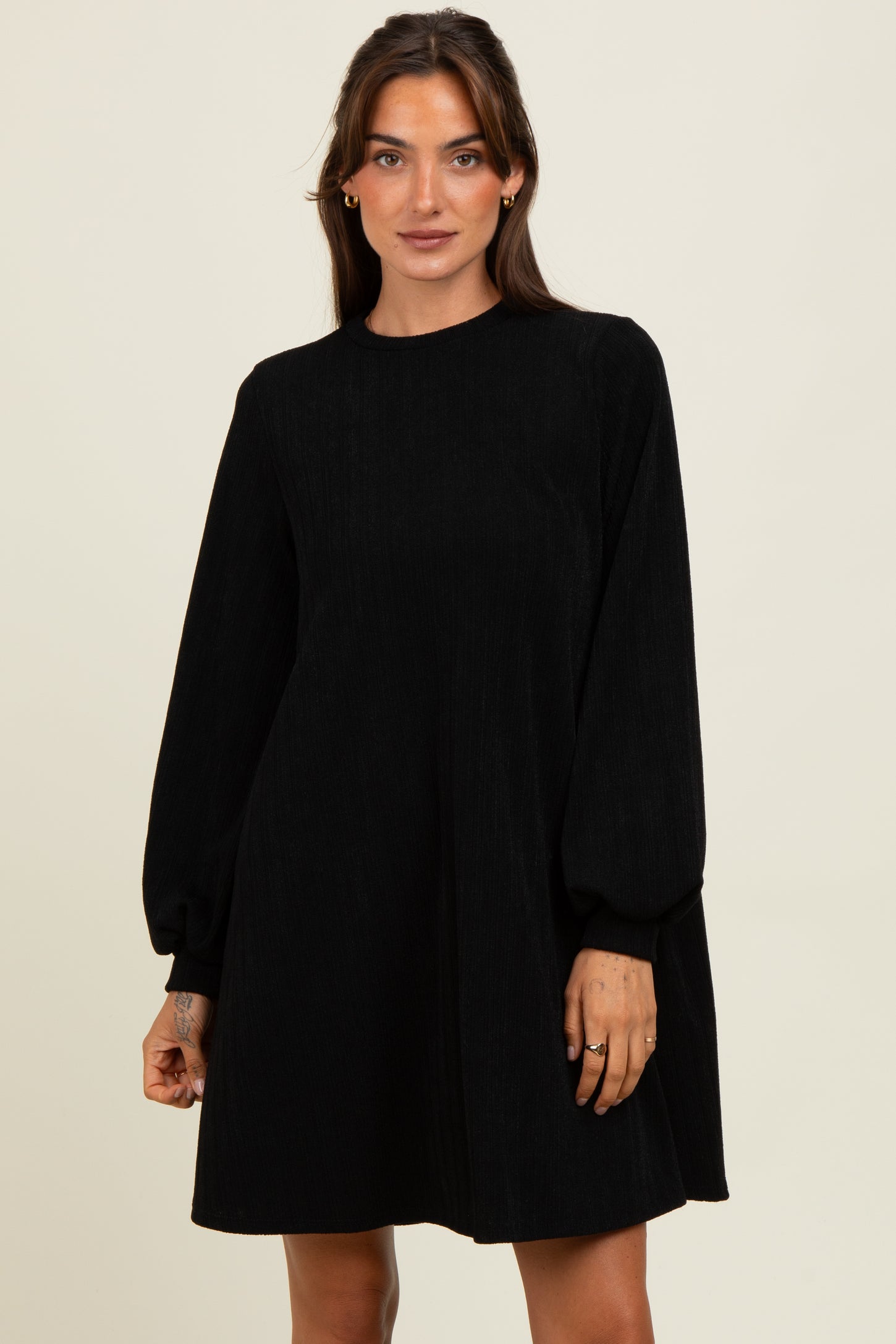 Black Ribbed Mock Neck Bubble Sleeve Dress Black Ribbed Mock Neck Bubble Sleeve Dress
