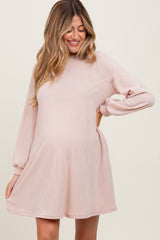 Light Pink Ribbed Mock Neck Bubble Sleeve Maternity Dress