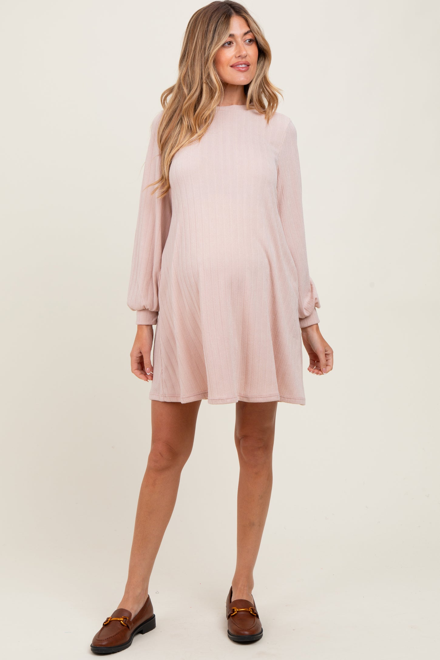Light Pink Ribbed Mock Neck Bubble Sleeve Maternity Dress Light Pink Ribbed Mock Neck Bubble Sleeve Maternity Dress