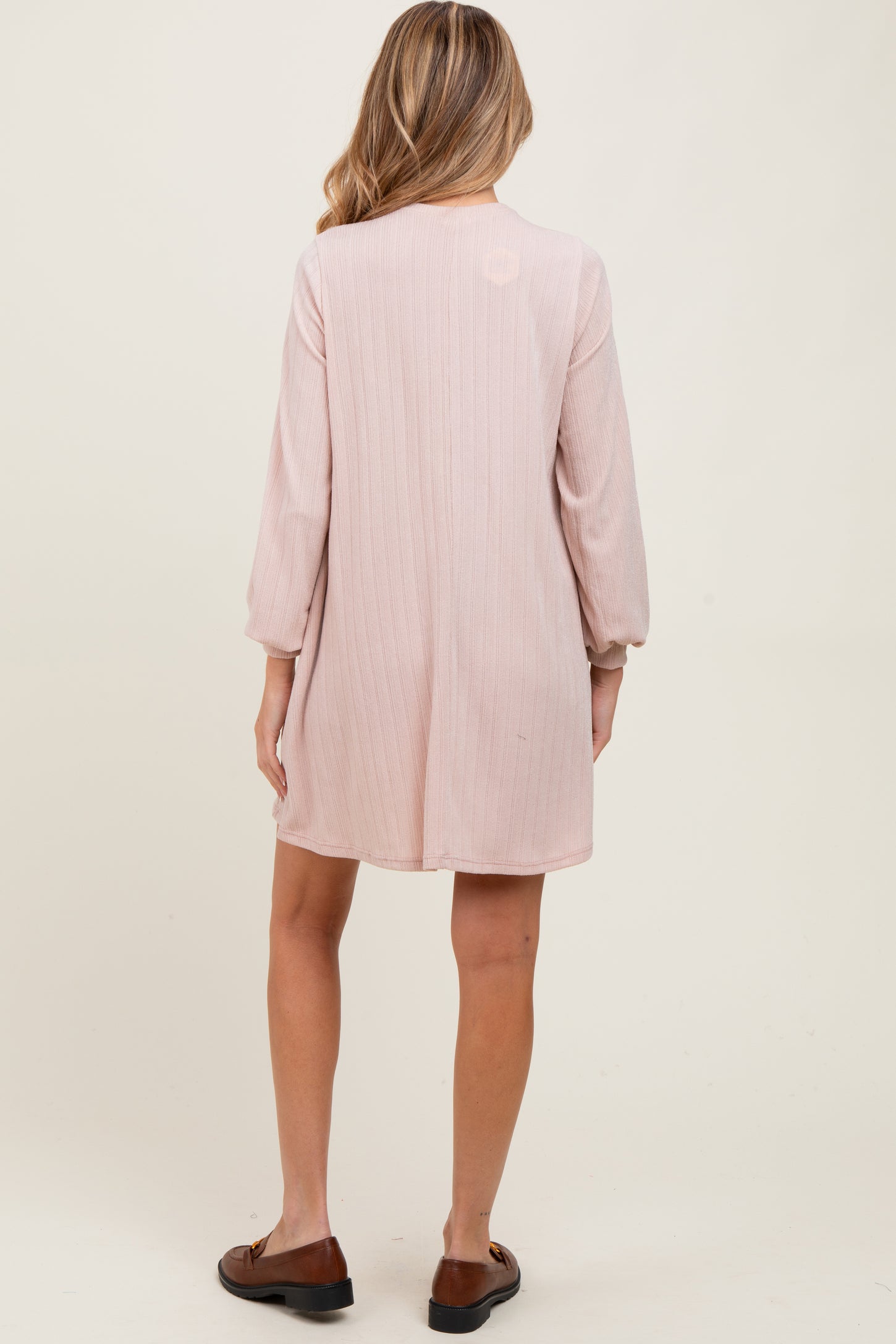 Light Pink Ribbed Mock Neck Bubble Sleeve Maternity Dress