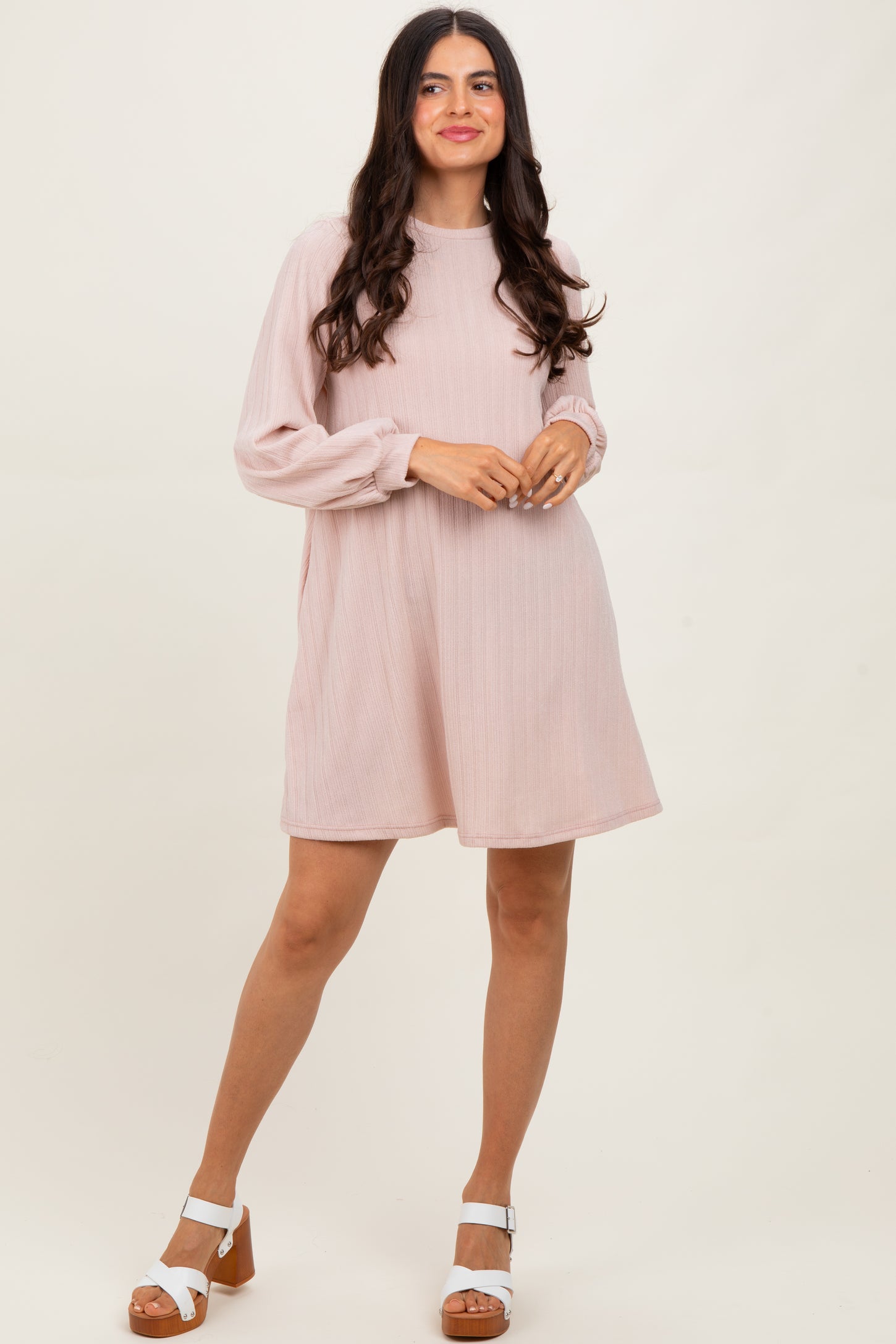 Light Pink Ribbed Mock Neck Bubble Sleeve Dress PinkBlush Light Pink Ribbed Mock Neck Bubble Sleeve Dress PinkBlush