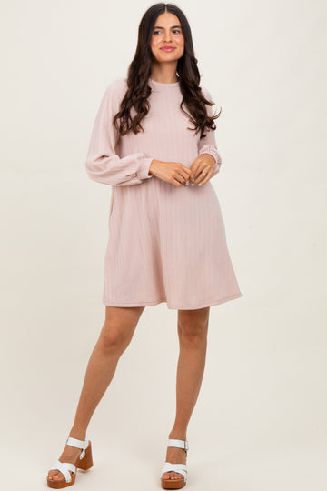 Light Pink Ribbed Mock Neck Bubble Sleeve Dress