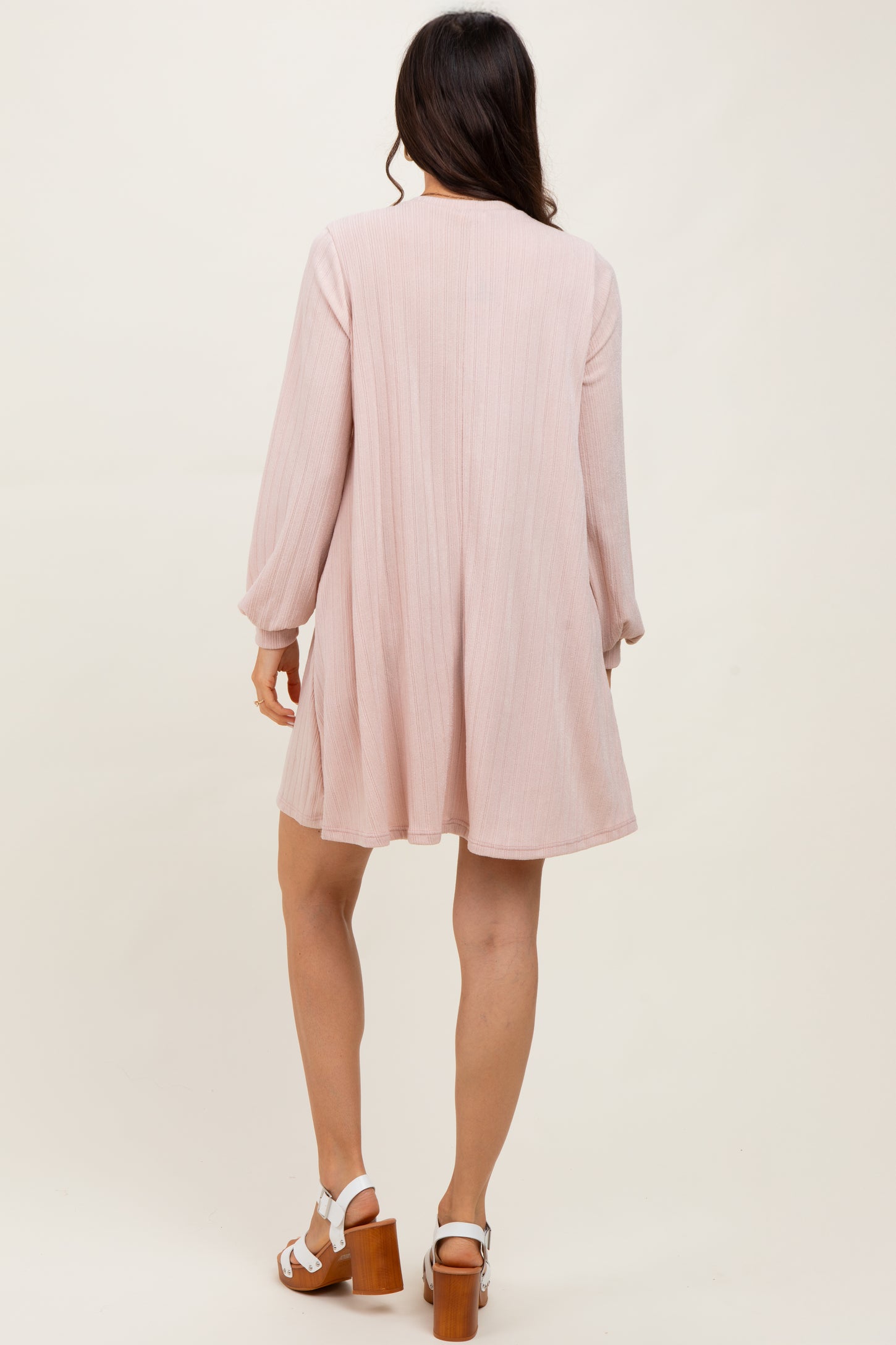 Light Pink Ribbed Mock Neck Bubble Sleeve Dress PinkBlush Light Pink Ribbed Mock Neck Bubble Sleeve Dress PinkBlush