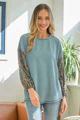 Light Blue Floral Ribbed Colorblock Long Sleeve