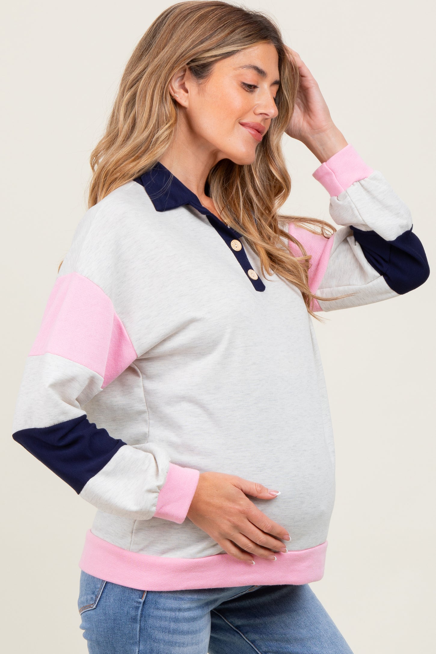 Navy Colorblock Collared Maternity Pullover