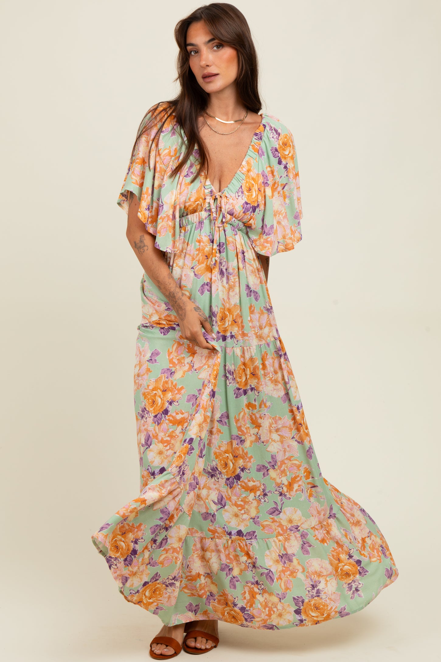 sage floral maxi dress Sage Floral Halter Neck Maxi Dress With Slit