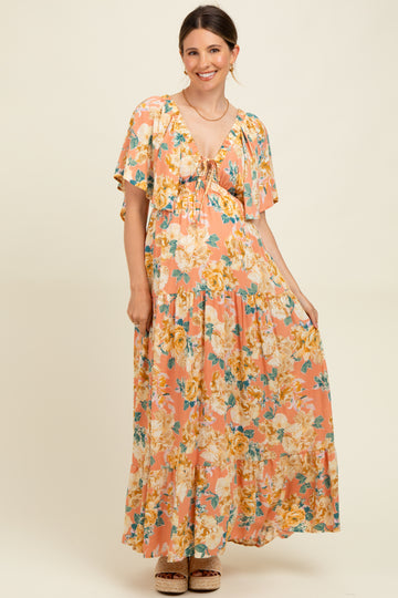 Salmon Floral Flyway Sleeve V-Neck Tiered Maternity Maxi Dress