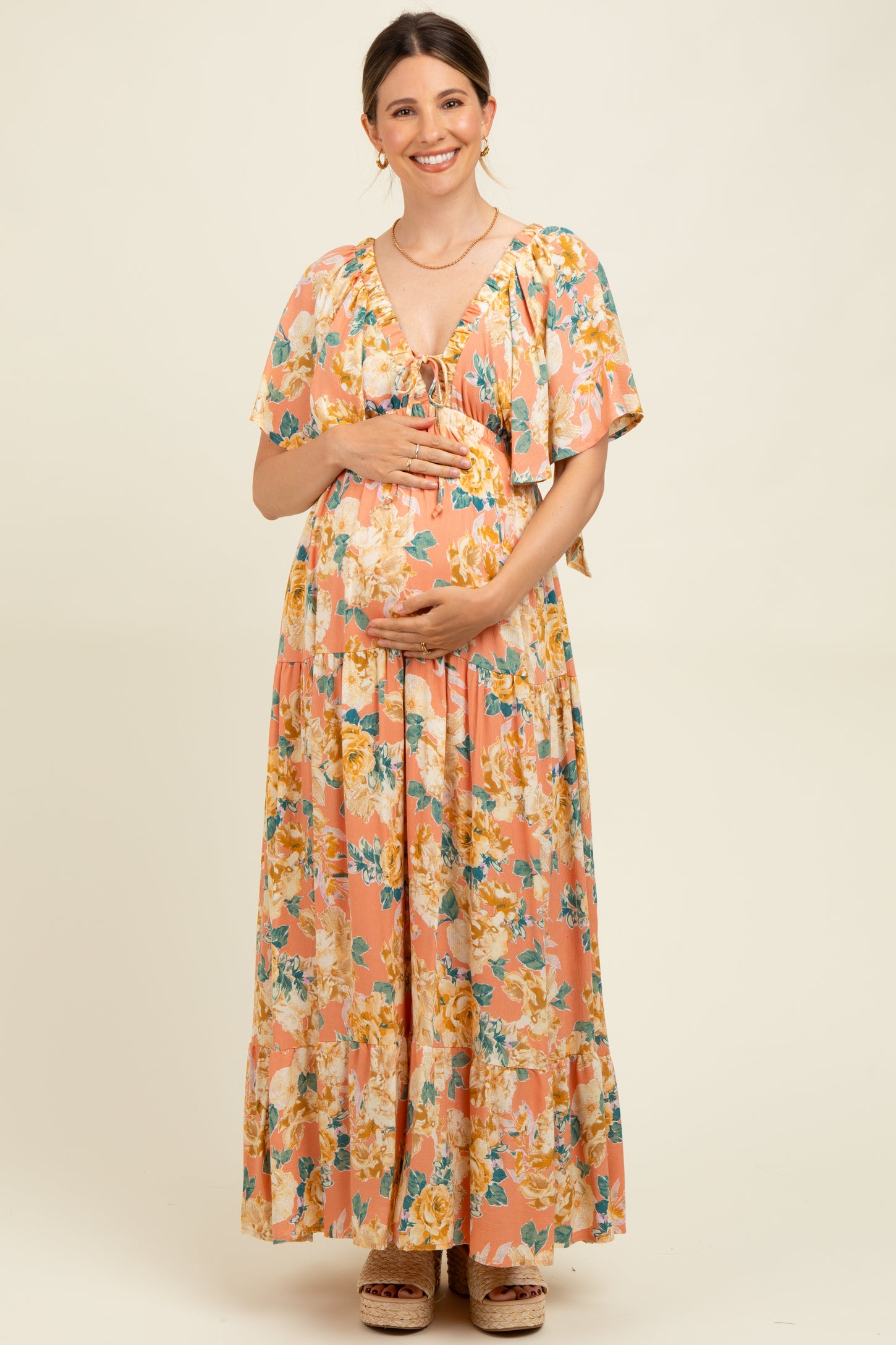 Salmon Floral Flyway Sleeve V-Neck Tiered Maternity Maxi Dress