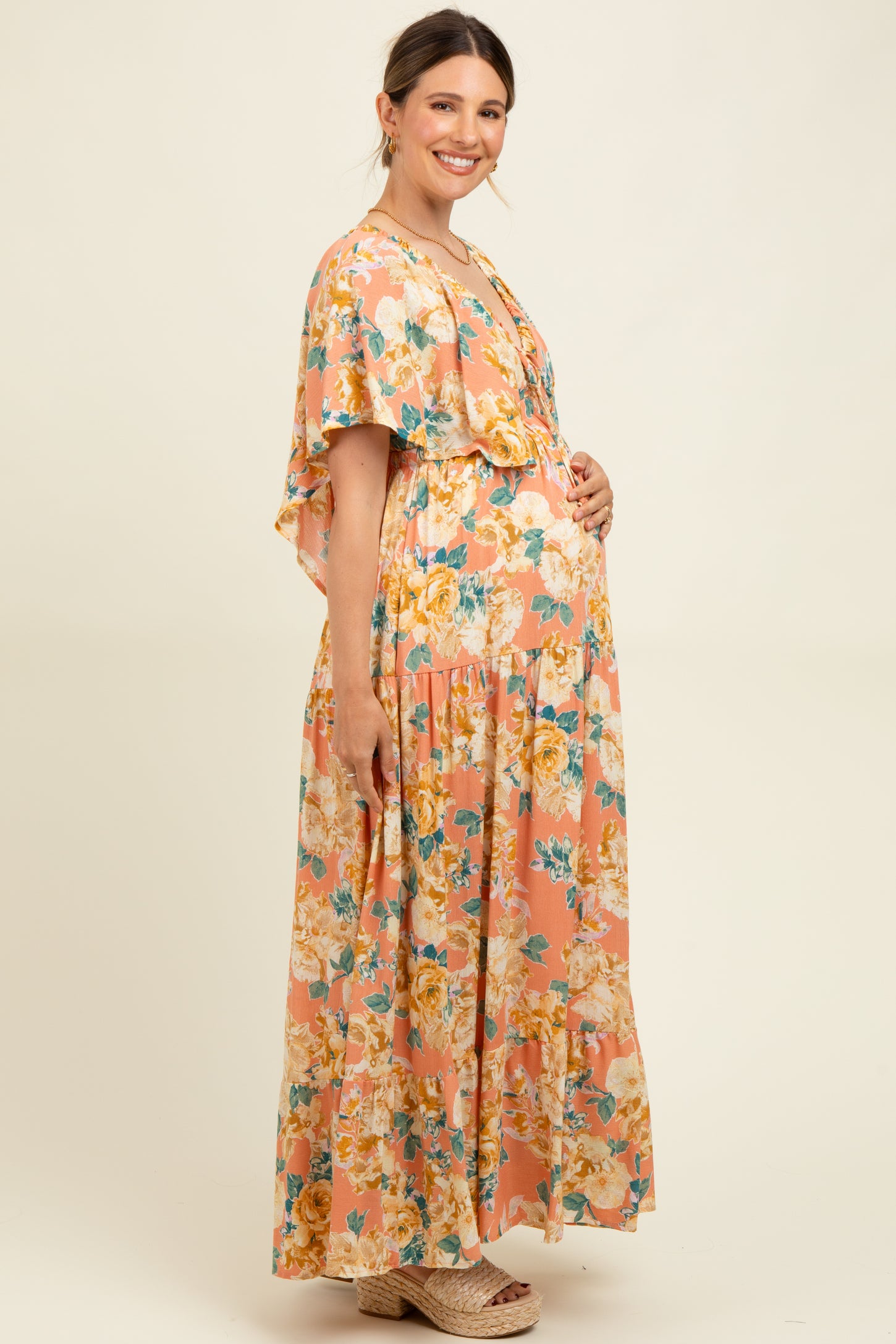 Salmon Floral Flyway Sleeve V-Neck Tiered Maternity Maxi Dress