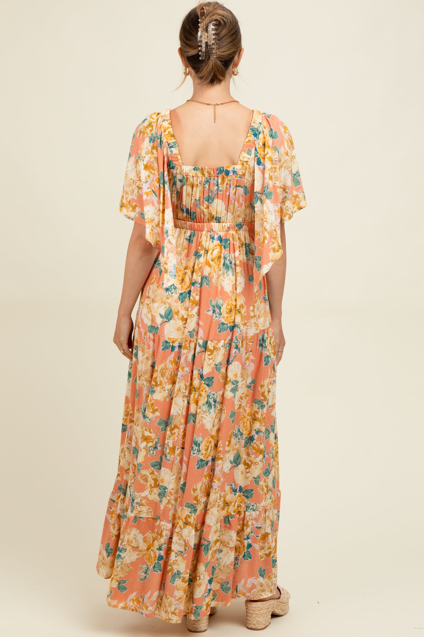 Salmon Floral Flyway Sleeve V-Neck Tiered Maternity Maxi Dress