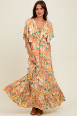 Salmon Floral Flyway Sleeve V-Neck Tiered Maternity Maxi Dress