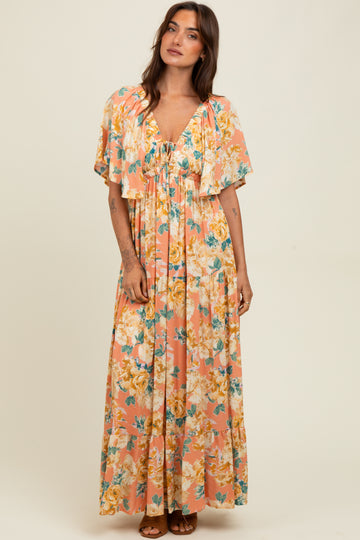 Salmon Floral Flyway Sleeve V-Neck Tiered Maxi Dress