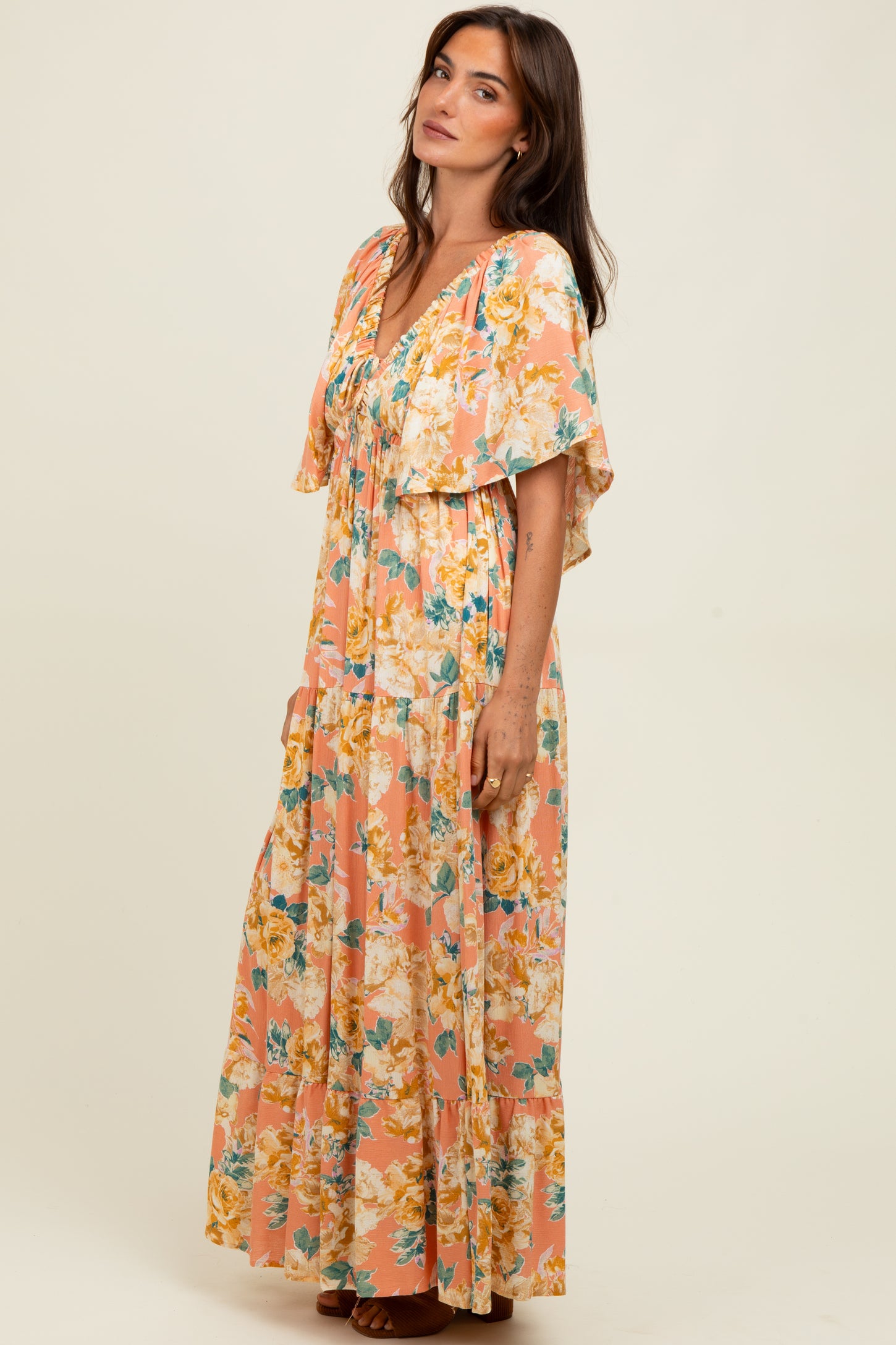 Salmon Floral Flyway Sleeve V-Neck Tiered Maxi Dress