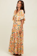 Salmon Floral Flyway Sleeve V-Neck Tiered Maxi Dress