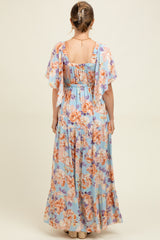 Light Blue Floral Flyway Sleeve V-Neck Tiered Maternity Maxi Dress