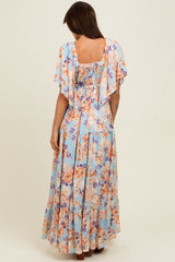 Light Blue Floral Flyway Sleeve V-Neck Tiered Maxi Dress