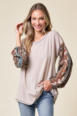 Beige Floral Ribbed Knit Colorblock Long Sleeve Top
