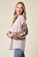 Beige Floral Ribbed Knit Colorblock Long Sleeve Top