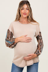 Beige Floral Ribbed Knit Colorblock Maternity Long Sleeve Top