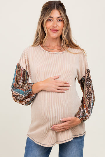 Beige Floral Ribbed Knit Colorblock Maternity Long Sleeve Top