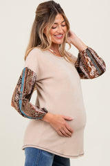 Beige Floral Ribbed Knit Colorblock Maternity Long Sleeve Top
