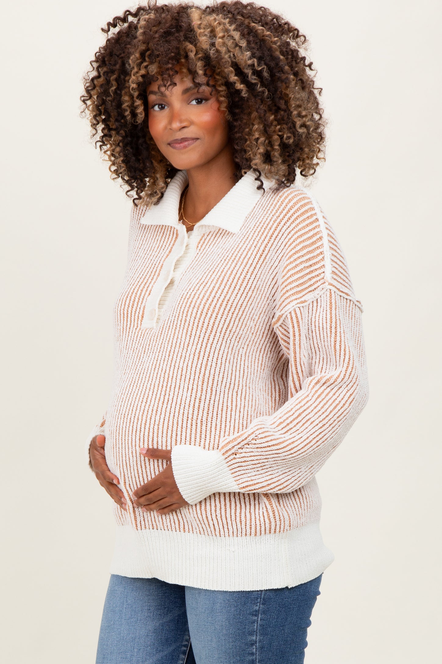Camel Two Tone Stripe Textured Henley Neck Maternity Sweater Top