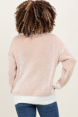 Camel Two Tone Stripe Textured Henley Neck Maternity Sweater Top