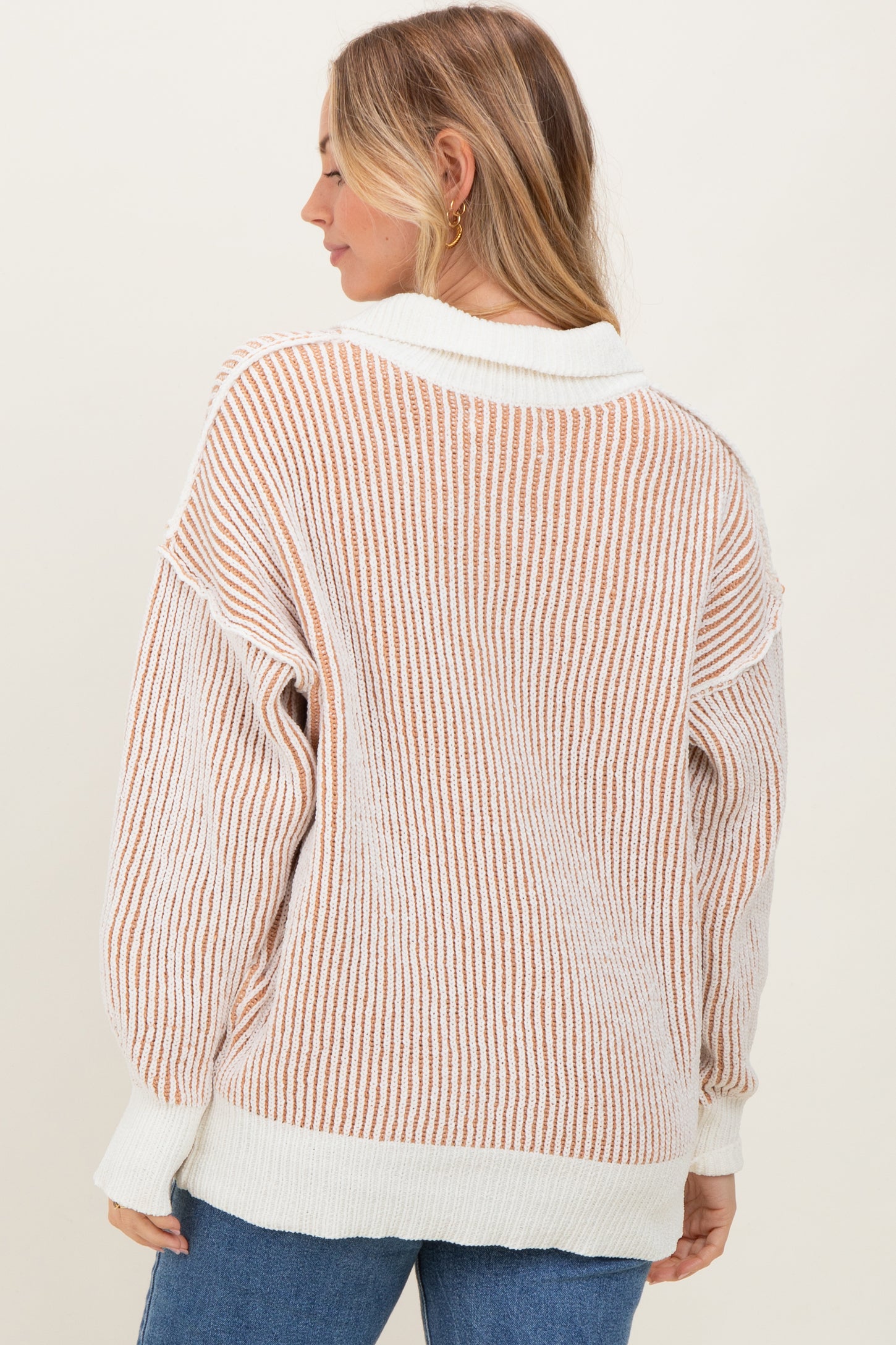 Camel Two Tone Stripe Textured Henley Neck Sweater Top