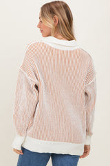 Camel Two Tone Stripe Textured Henley Neck Sweater Top