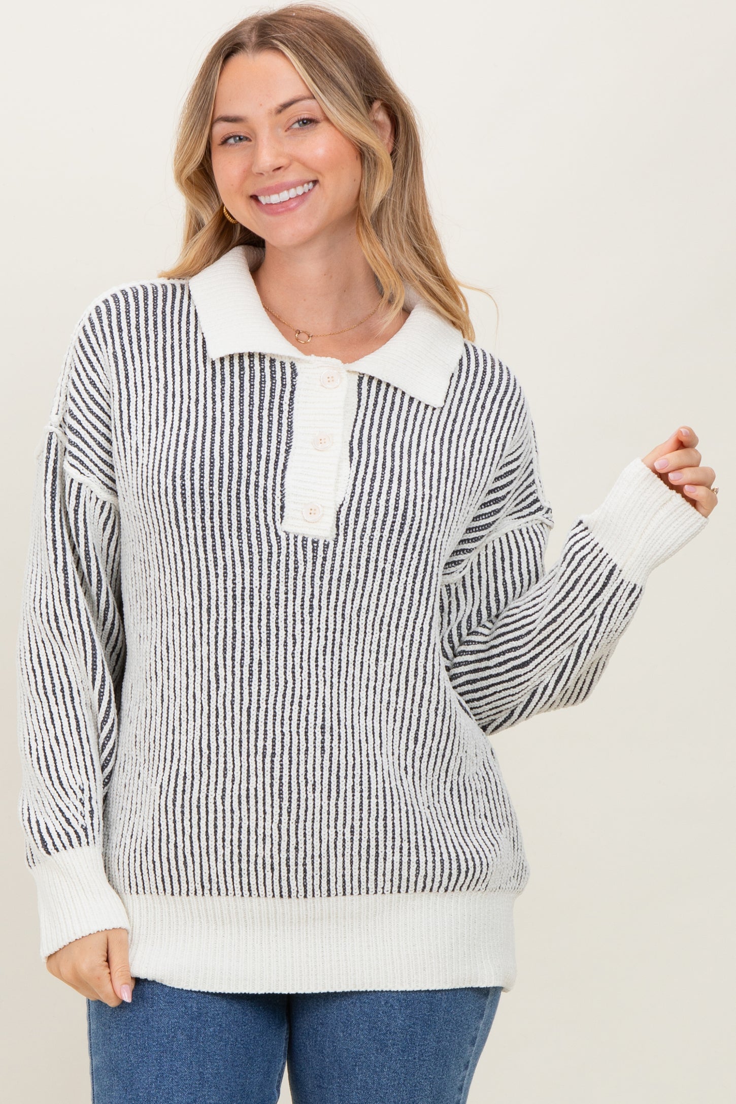 Charcoal Two Tone Stripe Textured Henley Neck Maternity Sweater Top