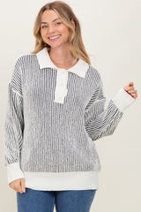 Charcoal Two Tone Stripe Textured Henley Neck Maternity Sweater Top